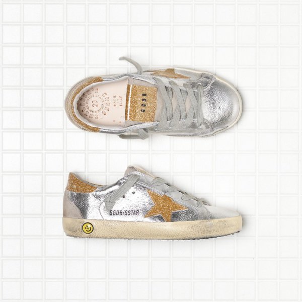 Golden Goose Super Star Sneakers In Leather With Leather Glitter Coated Star Kids